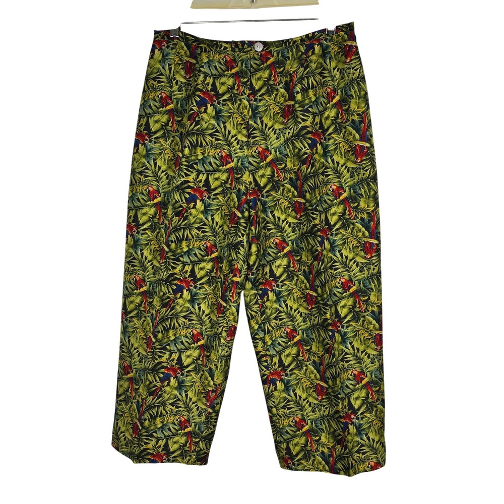 Herve Benard Collection Silk Capri Pants Woman 12 Green Tropical‎ Parrot Print